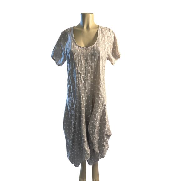 Women L Luca Vanucci Italy Beige Polka Dot 100% Linen Lagenlook Dress Asymmetric - Picture 2 of 7